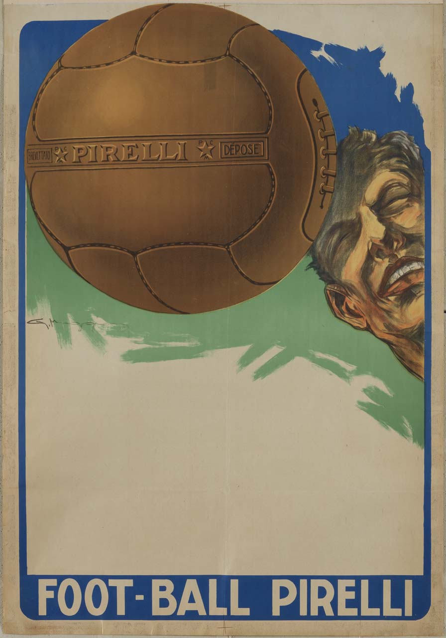 testa di calciatore colpisce un pallone (manifesto) di Muggiani Giorgio (sec. XX)