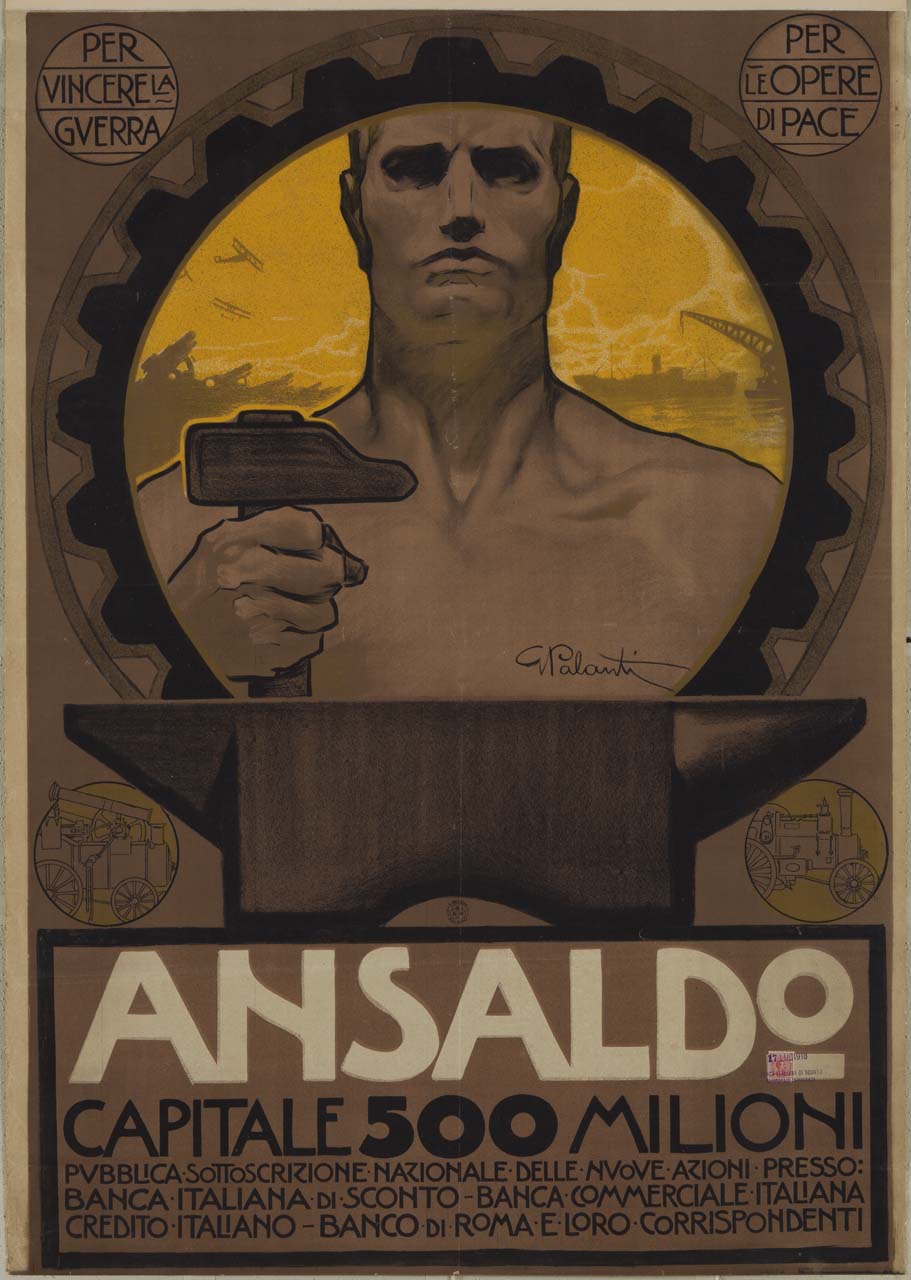 operaio con martello e incudine; porto industriale sullo sfondo (manifesto) di Palanti Giuseppe (sec. XX)