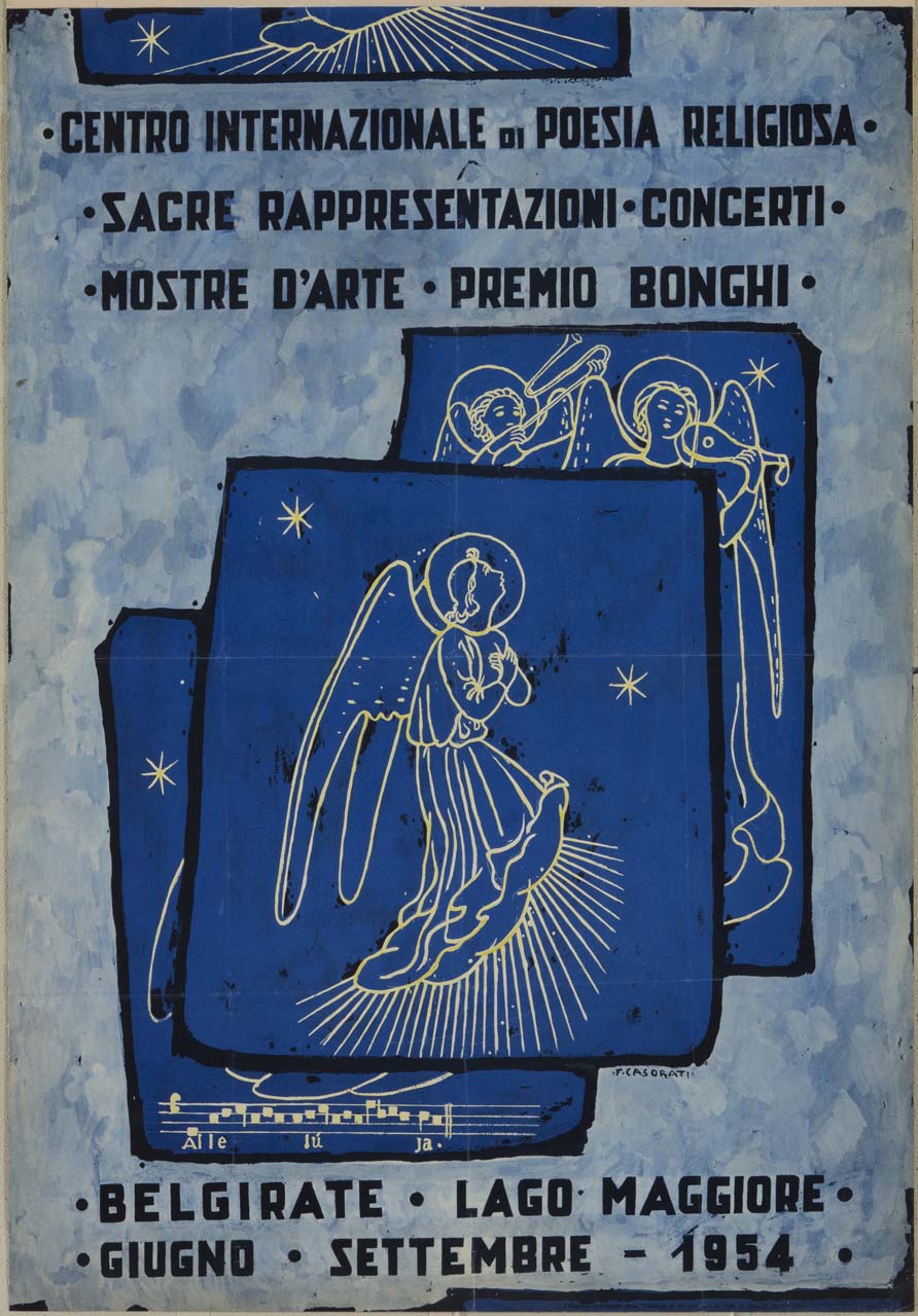 angeli con strumenti musicali e pentagramma con note (manifesto) di Casorati Felice (sec. XX)