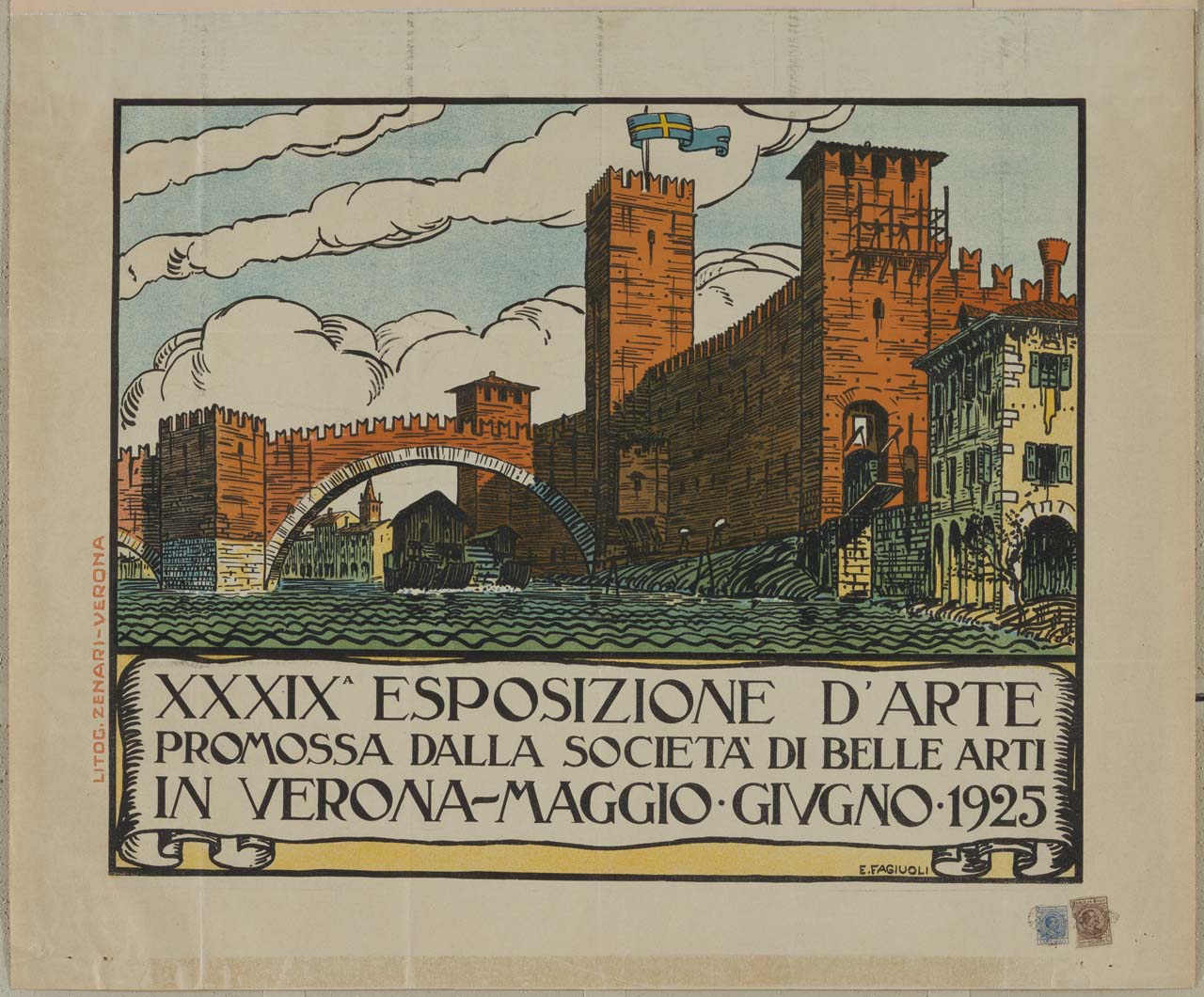 veduta di Verona con Castel Vecchio e Ponte Scaligero sull'Adige (manifesto) di Fagiuoli Ettore (sec. XX)