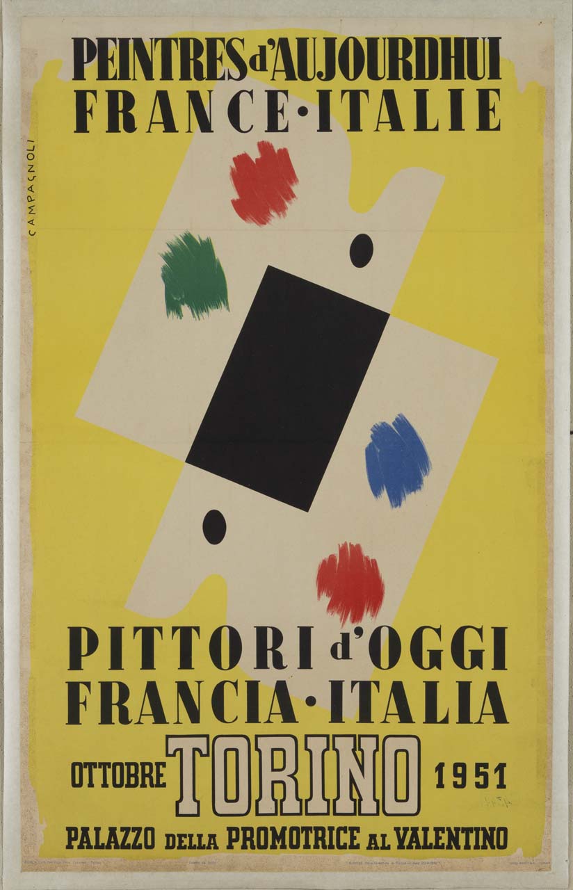 tavolozze bianche con colori e rettangolo nero (manifesto) di Campagnoli Adalberto (sec. XX)