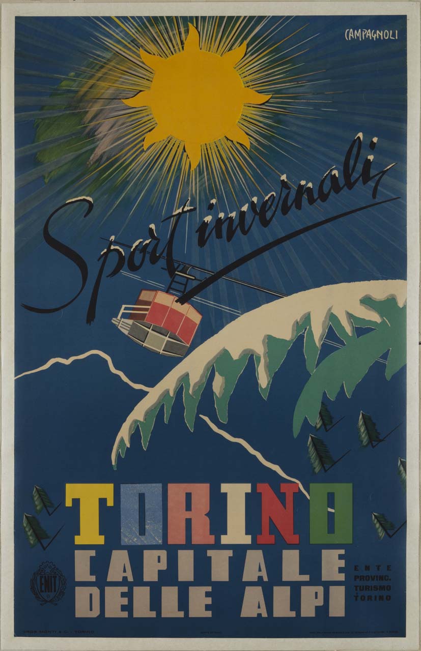 paesaggio alpino con seggiovia e ramo innevato (manifesto) di Campagnoli Adalberto (sec. XX)