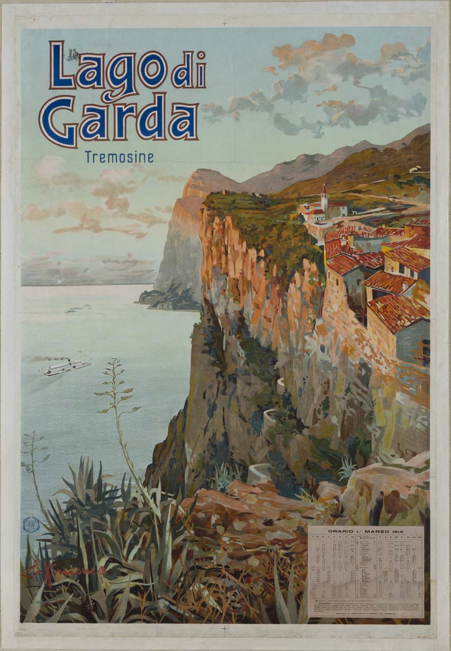veduta del paese di Tremosine sul Lago di Garda, attraversato da un piroscafo; in basso gli orari dei piroscafi (manifesto) di Ximenes Elio Ettore (sec. XX)