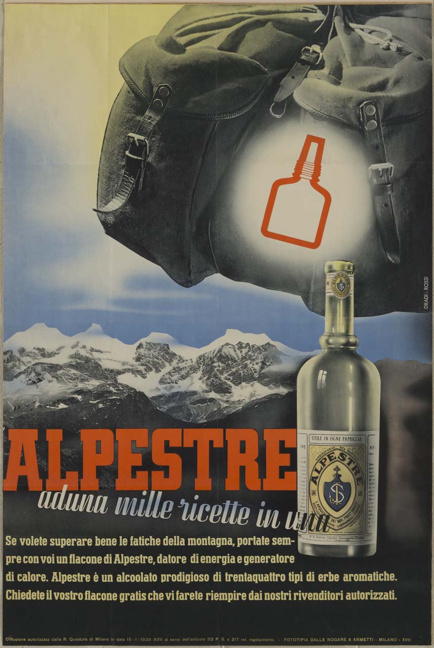 veduta dalle Alpi con zaino e bottiglia (manifesto) di Dradi Carlo, Rossi Attilio (sec. XX)
