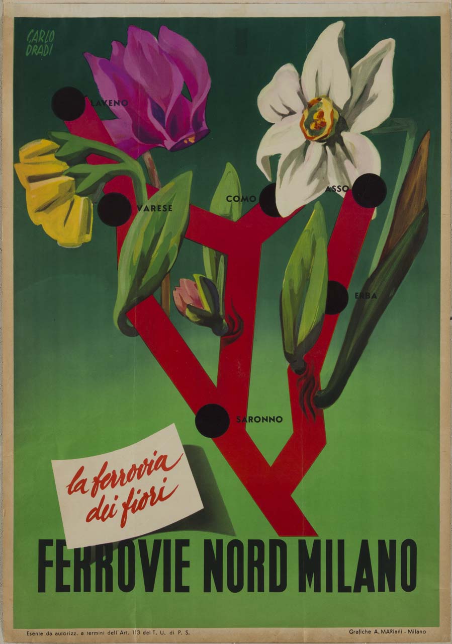 schema di percorso ferroviario con fiori (manifesto) di Dradi Carlo (sec. XX)