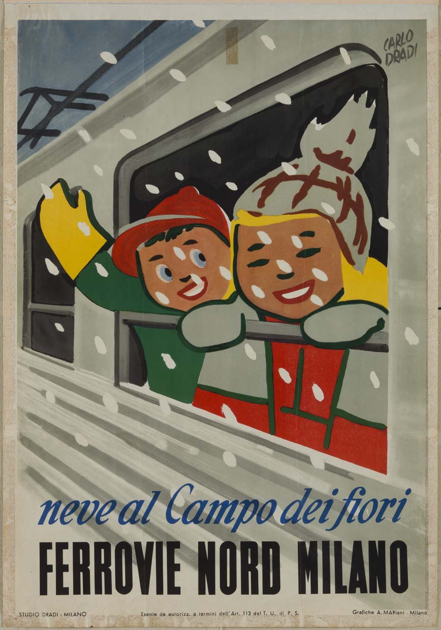 bambini in abiti invernali sorridono e salutano dal finestrino di un treno (manifesto) di Dradi Carlo (sec. XX)