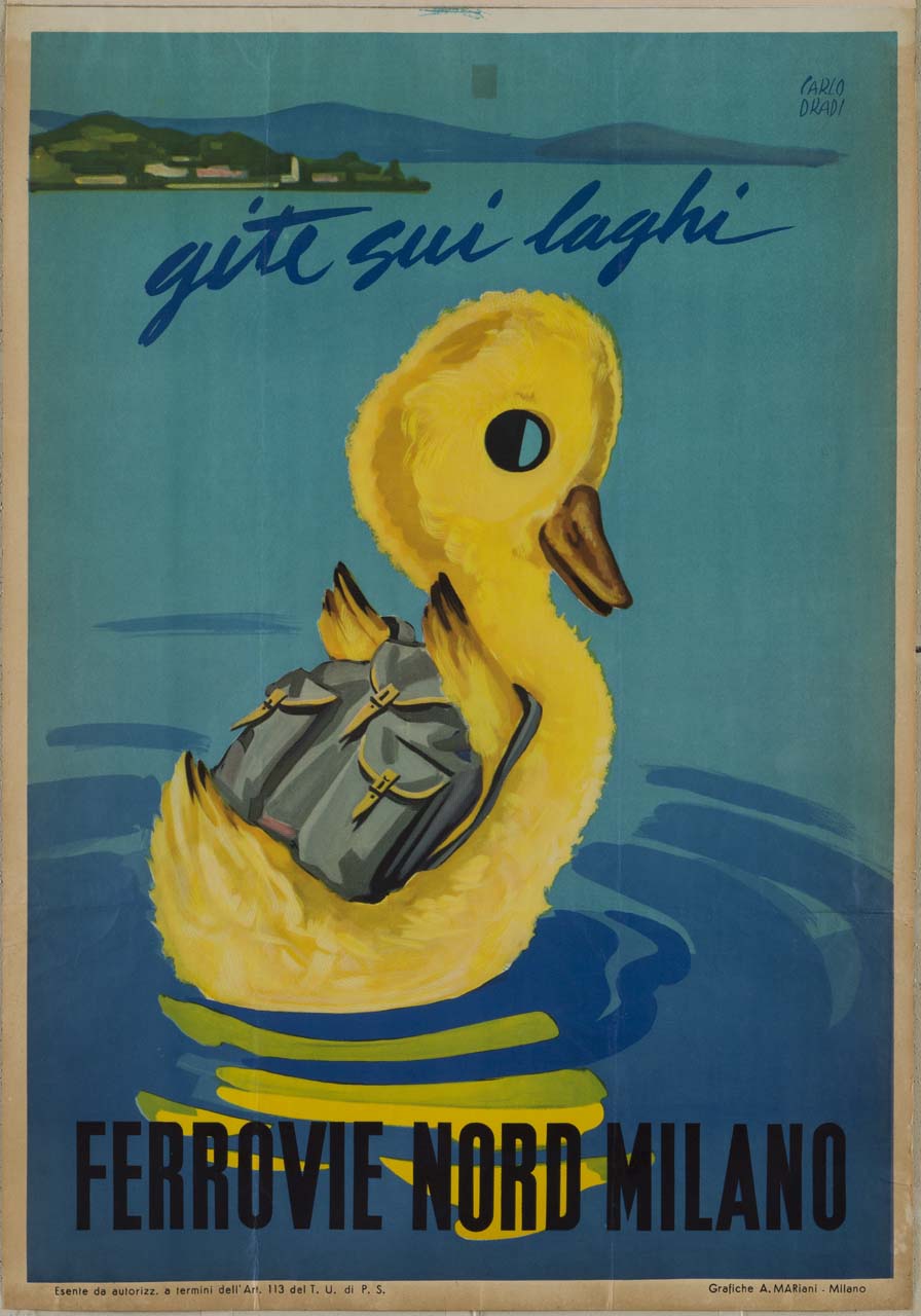 piccola papera con zaino in un lago (manifesto) di Dradi Carlo (sec. XX)
