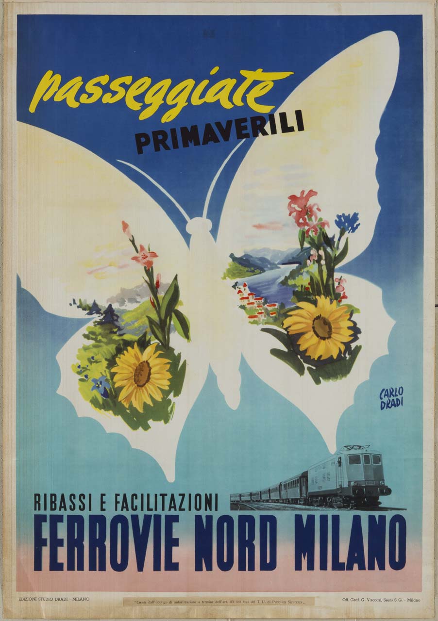 farfalla con paesaggio, fiori e treno (manifesto) di Dradi Carlo (sec. XX)