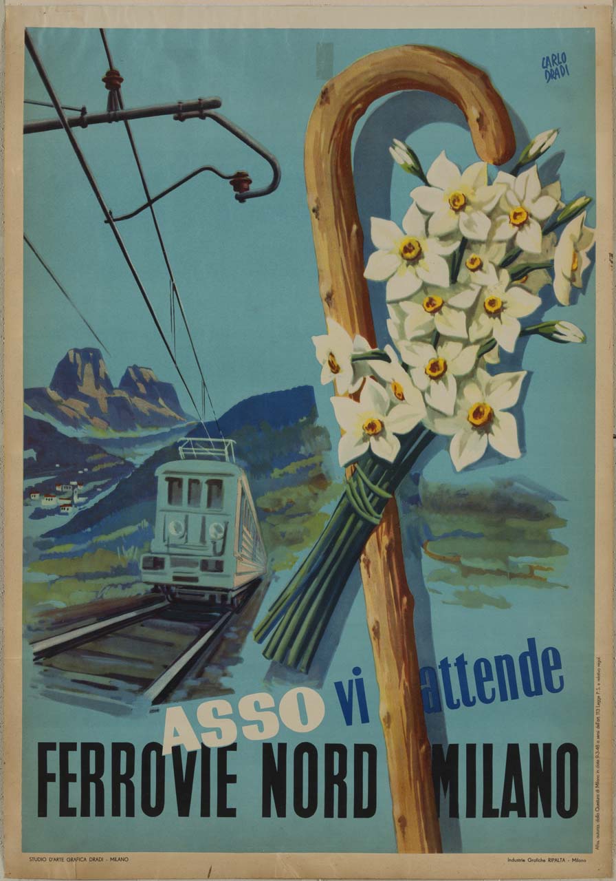 bastone da passeggio con fascio di fiori, treno e paesaggio (manifesto) di Dradi Carlo (sec. XX)