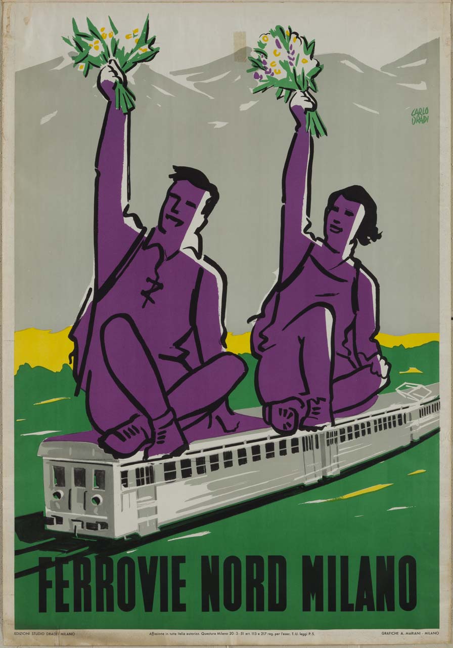 viaggiatori seduti su un treno con mazzi di fiori in mano (manifesto) di Dradi Carlo (sec. XX)