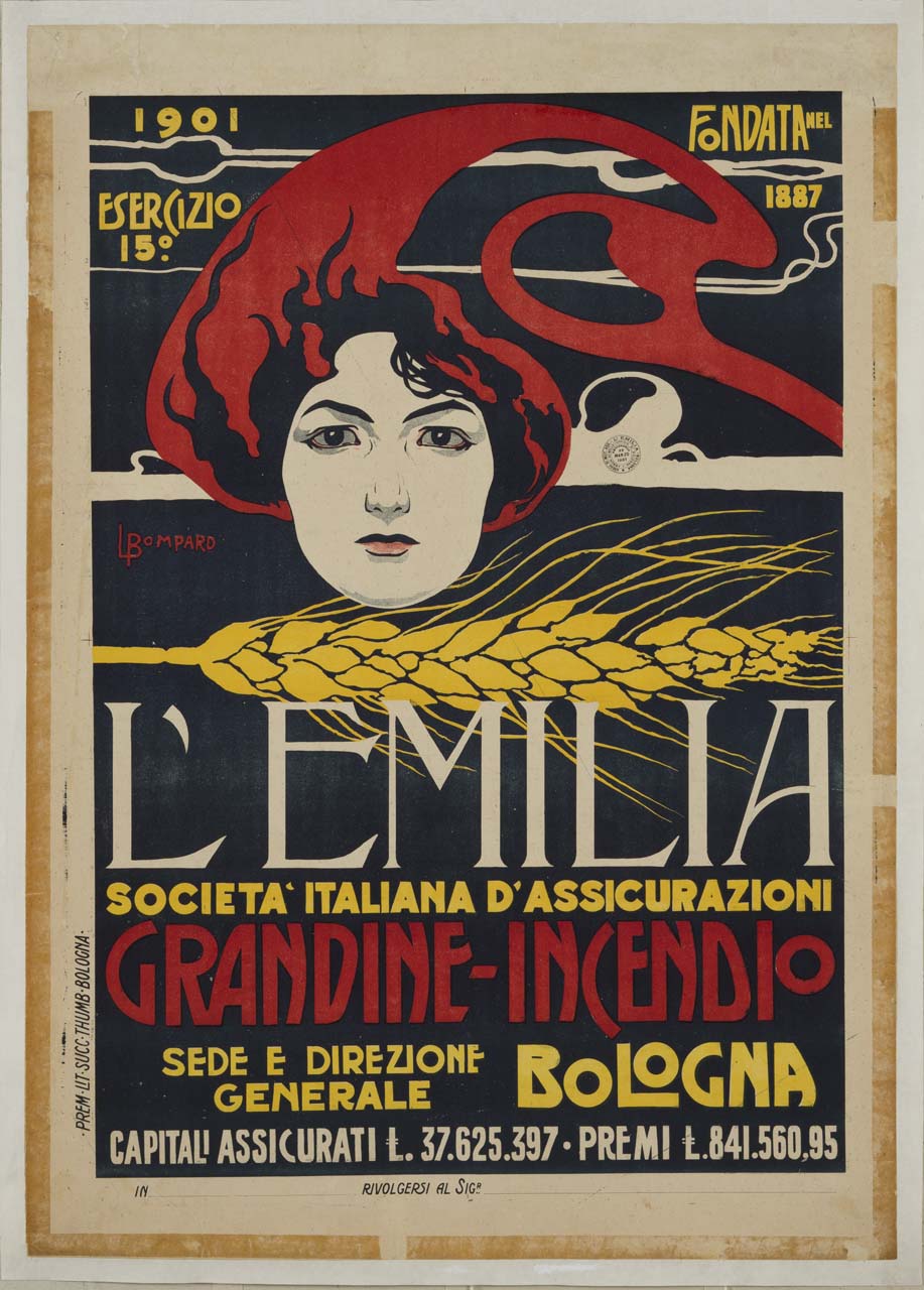 testa femminile su spiga di grano (manifesto) di Bompard Luigi (sec. XX)