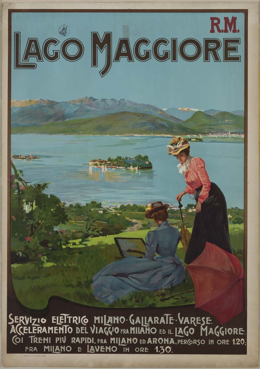 donna elegamente vestita osserva una seconda intenta a riprendere il Golfo Borromeo con l'omonimo arcipelago dal paese di Stresa (manifesto) - ambito italiano (sec. XX)