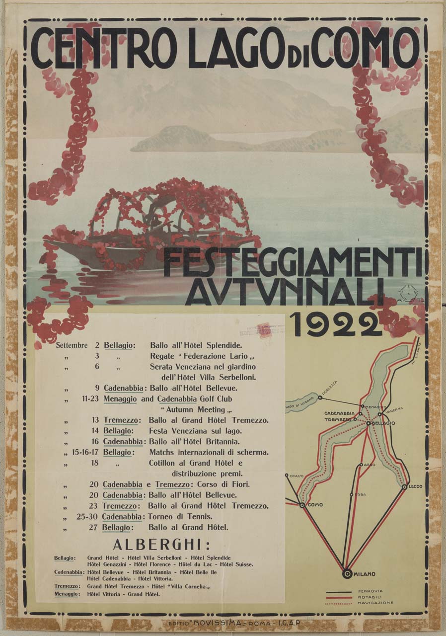 imbarcazione detta "batell" in navigazione sul lago ; cartina topografica del Lago (manifesto) di Terzi Aleardo - ambito italiano (sec. XX)