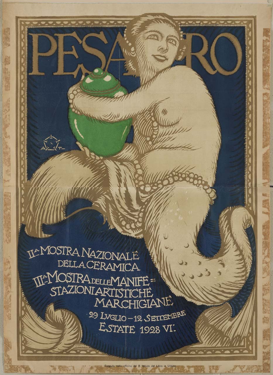 Pesaro II Mostra Nazionale della Ceramica II Mostra delle Manifestazioni Artistiche marchigiane, sirena sorridente stringe al seno un vaso in ceramica verde intenso (manifesto) di Terzi Aleardo (sec. XX)