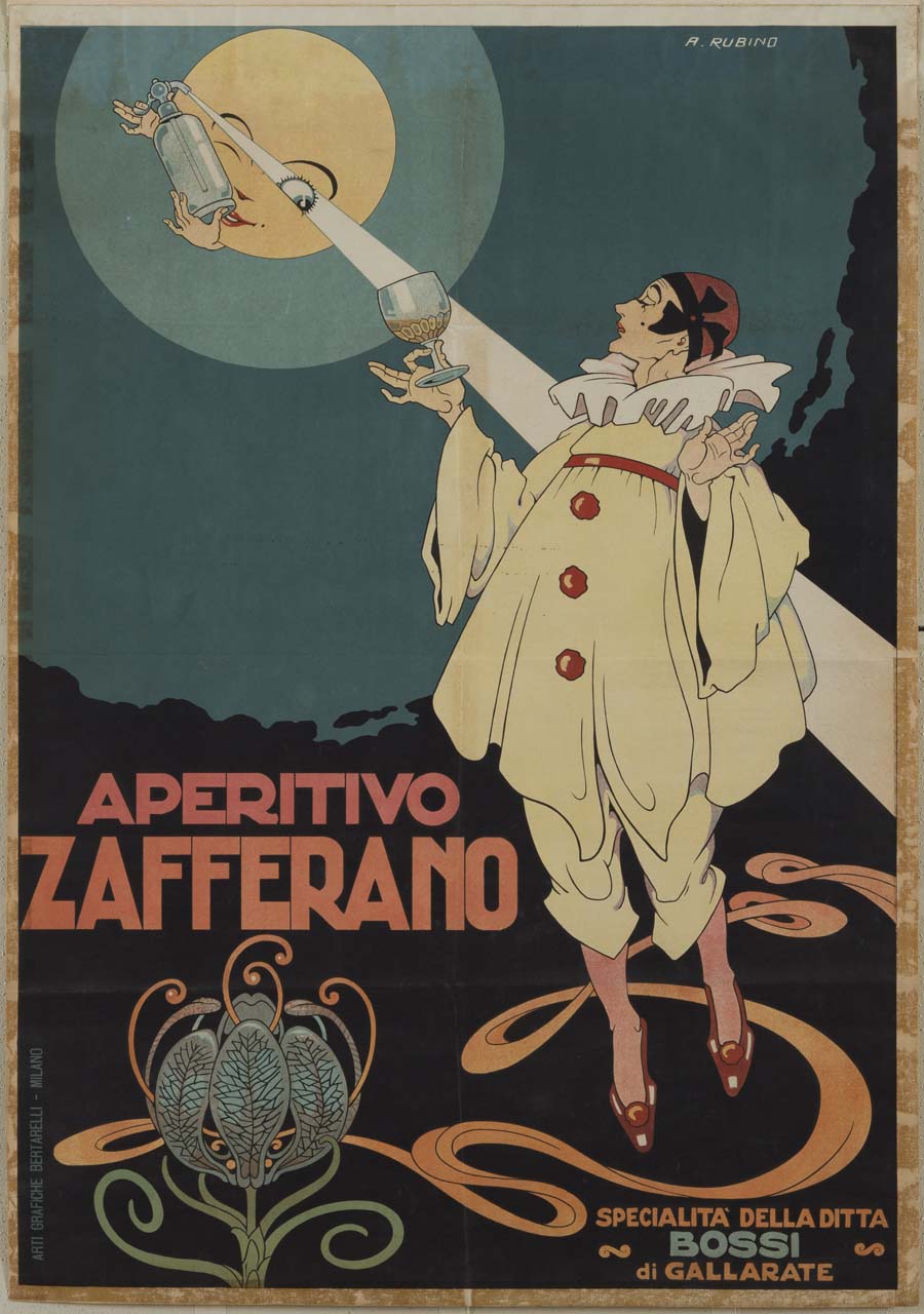 Pierrot con bicchiere sotto la luna (manifesto) di Rubino Antonio (sec. XX)