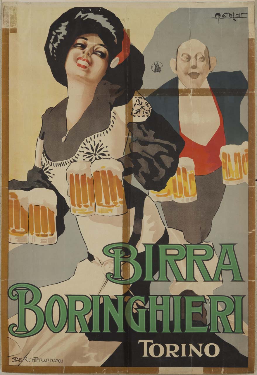 Birra Boringhieri, donna con cappello piumato e cameriere con boccali di birra (manifesto) di Mateldi Filiberto (sec. XX)
