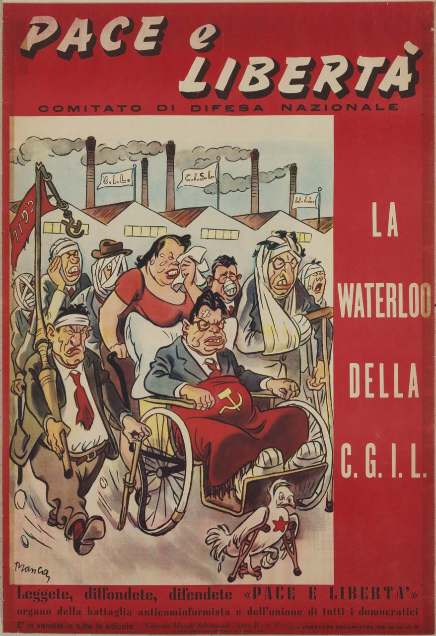 corteo di dolenti infortunati davanti a capannoni industriali con bandiere dei sindacati (manifesto) di Manca Giovanni (sec. XX)
