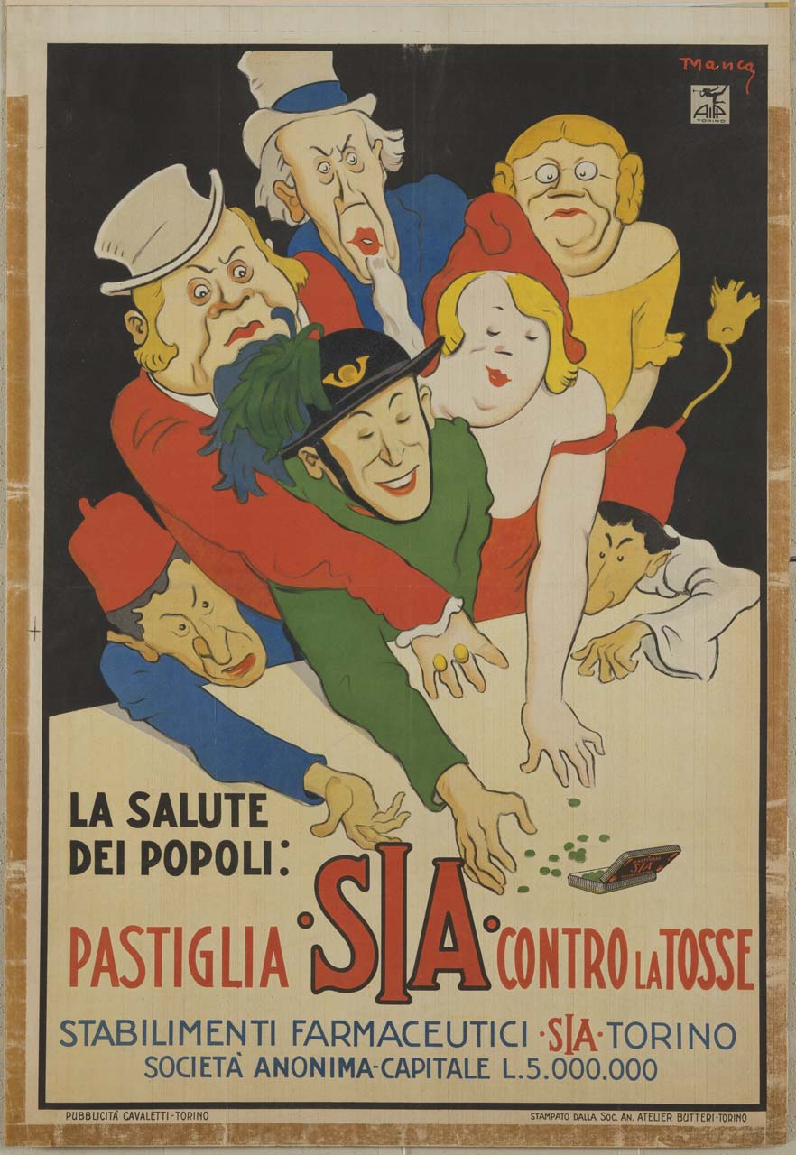 bersagliere italiano, Marianna francese, zio Sam statunitense, fraulein tedesca, nobile inglese in giacca da caccia alla volpe , un marocchino in djellaba e fez e un tunisino con il fez si contendono le pastiglie SIA (manifesto) di Manca Giovanni (sec. XX)