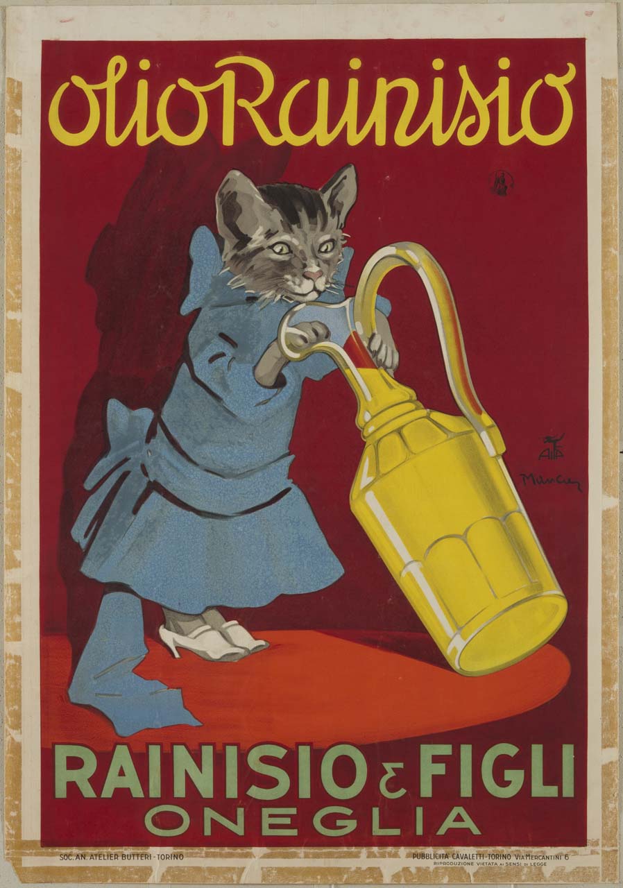 una gattina in abito blu e scarpiette col tacco, inclina un'ampolla d'olio per immergere una zampa (manifesto) di Manca Giovanni (prima metà sec. XX)