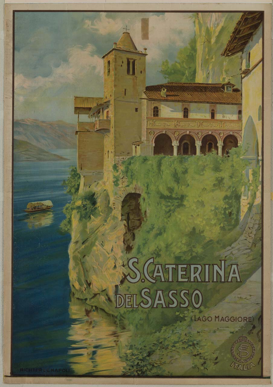 santuario di Santa Caterina del Sasso a Orselina sul Lago Maggiore, attraversato da un battello (manifesto) - ambito italiano (sec. XX)