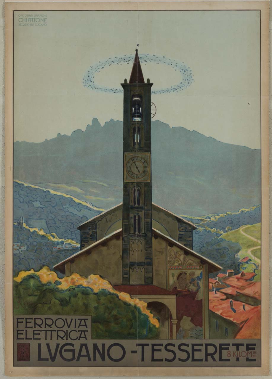 Chiesa di Santo Stefano a Tesserete di Capriasca; uno stormo di uccelli vola intorno alla cuspide del campanile (manifesto) - ambito italiano (sec. XX)