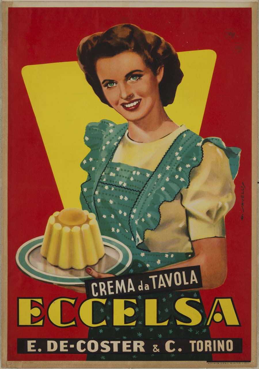 donna sorridente con grembiule regge piatto con crema da tavola (manifesto) di Savelli Oscar (sec. XX)