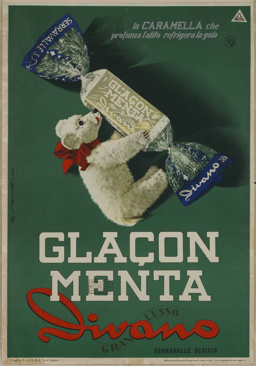 orso bianco con fiocco rosso al collo abbraccia grande caramella (manifesto) di Savelli Oscar (sec. XX)