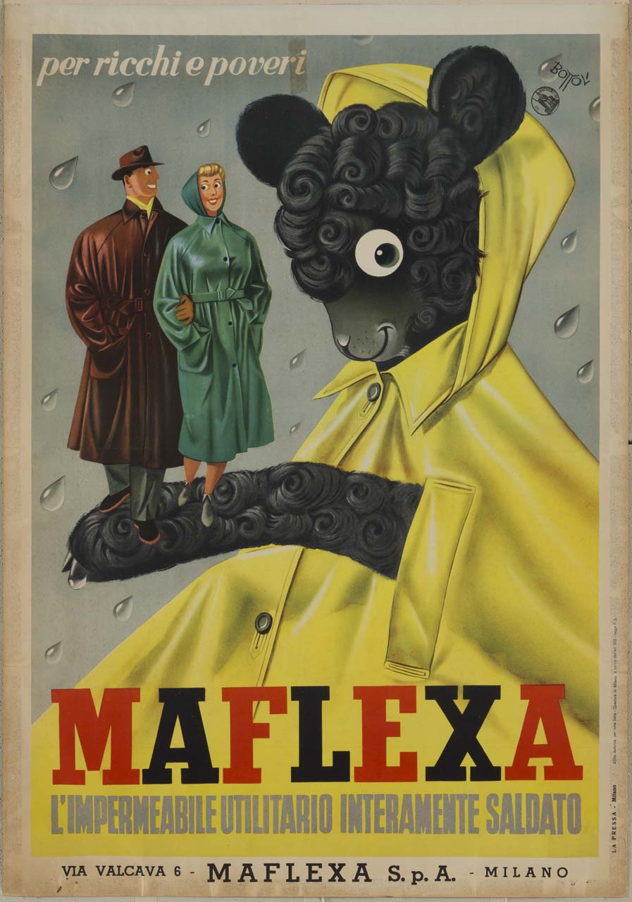 agnello nero con impermeabile giallo regge sulla zampa uomo e donna in impermeabile (manifesto) di Bottoli Matteo (sec. XX)