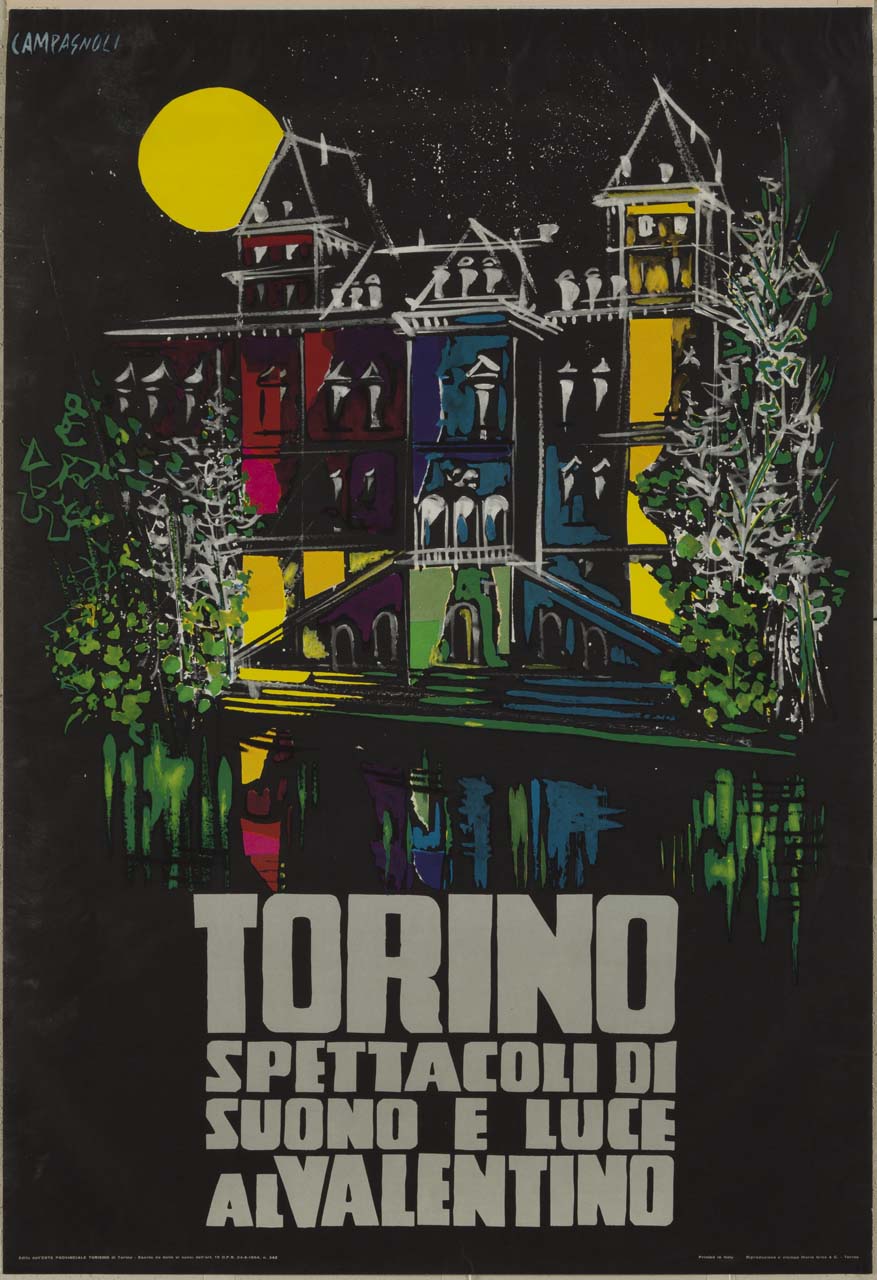 Castello del Valentino di notte con luci colorate (manifesto) di Campagnoli Adalberto (sec. XX)