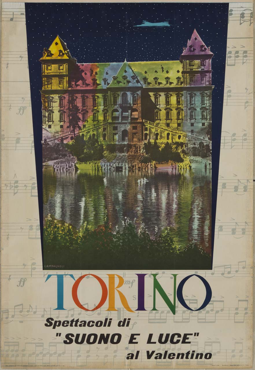 Castello del Valentino di notte con luci colorate e partitura musicale (manifesto) di Campagnoli Adalberto (sec. XX)