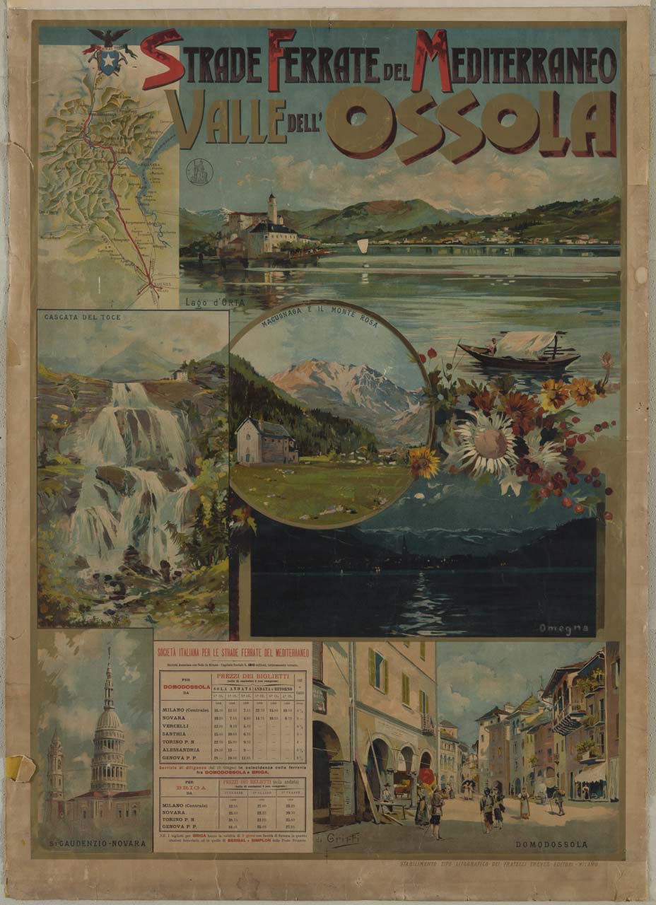 veduta del Lago d'Orta e di Omegna; sulla sinistra entro riquadri la carta geografica della Valle dell'Ossola, la cascata del Toce, la Basilica di San Gaudenzio, una veduta di Macugnana e del Monte Rosa e di Domodossola e gli orari (manifesto) di Griffi - ambito italiano (sec. XIX)