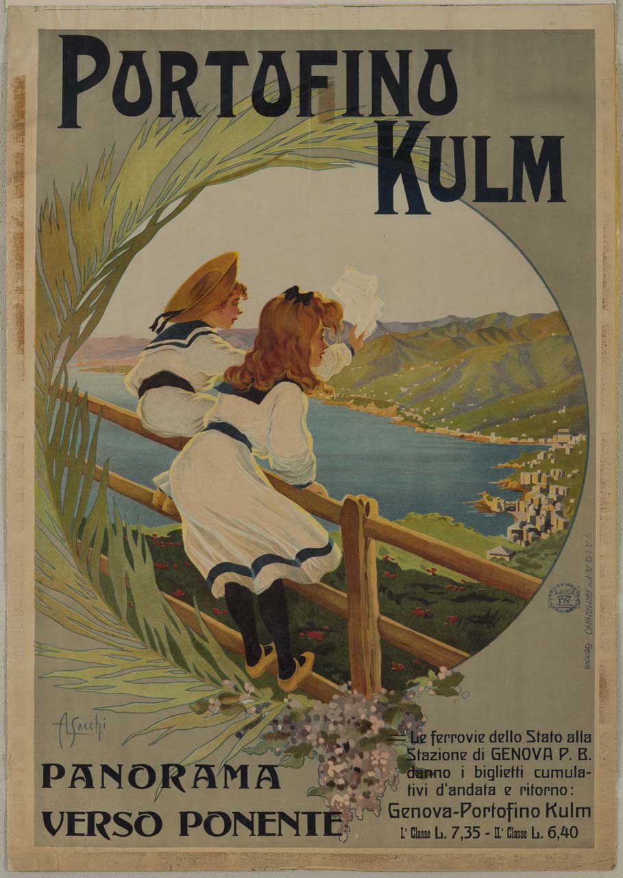 un bambino e una bambina affacciati su una staccionata salutano il paese di Portofino verso ovest (manifesto) di Sacchi Agostino Luigi (sec. XX)