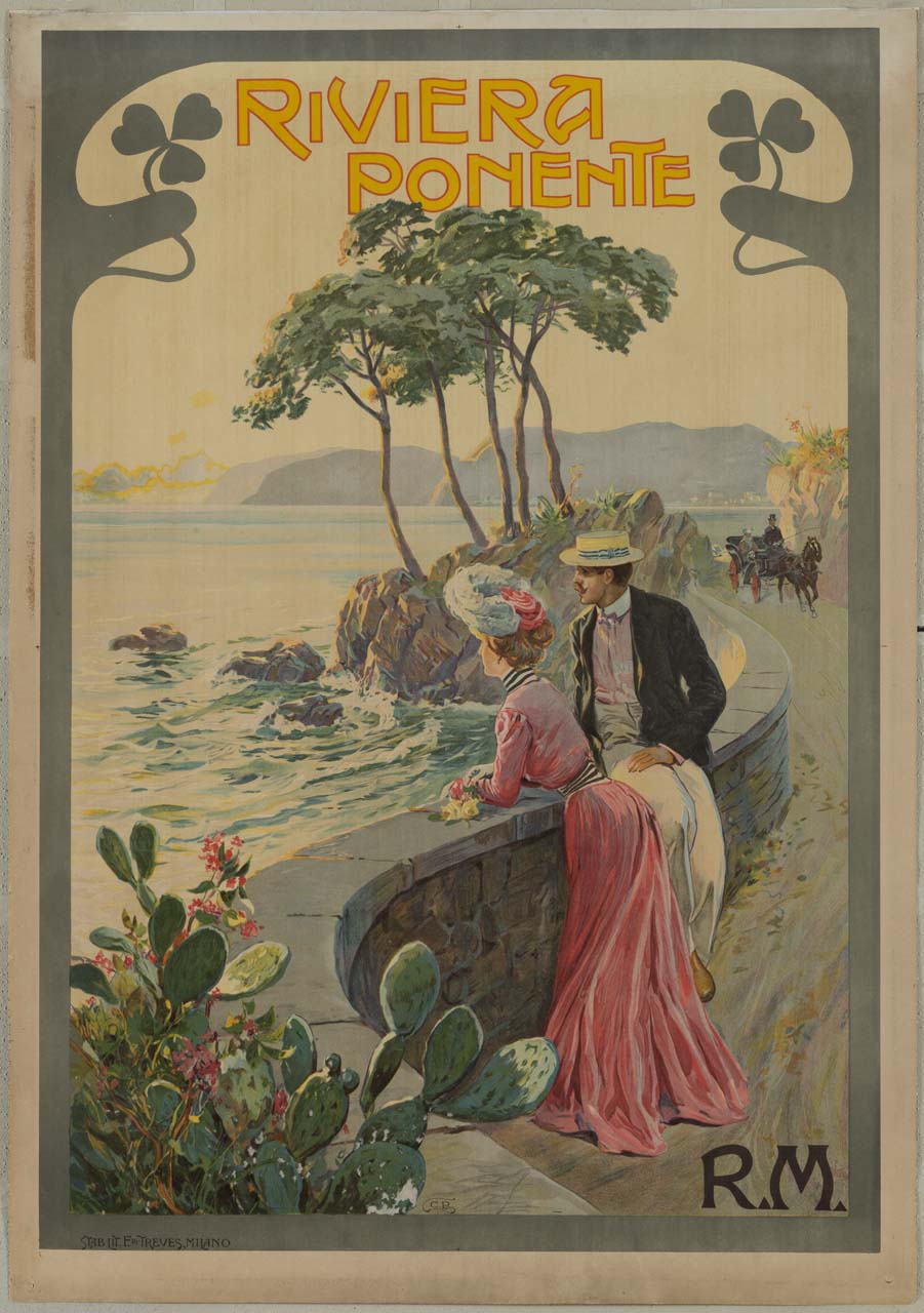 coppia elegantemente vestita osserva il mare dal muretto di una strada, da dove sopraggiunge una carrozza (manifesto) di Pellegrini Carlo (secc. XX)