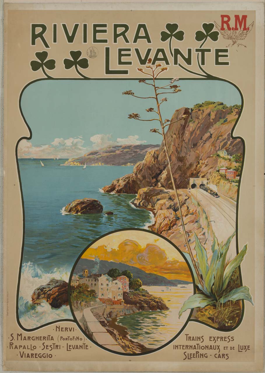 treno in usita da una galleria, lungo una ferrovia che costeggia il mare della Riviera di Levante; in basso entro tondo una veduta di città (manifesto) - ambito italiano (sec. XX)