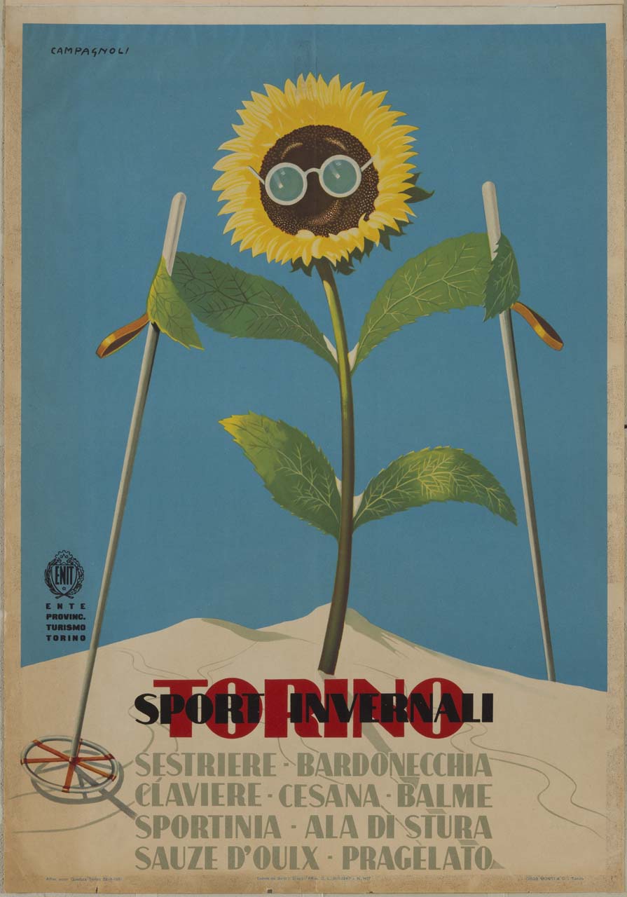 girasole con occhiali da sole e bastoncini su pista da sci (manifesto) di Campagnoli Adalberto (sec. XX)