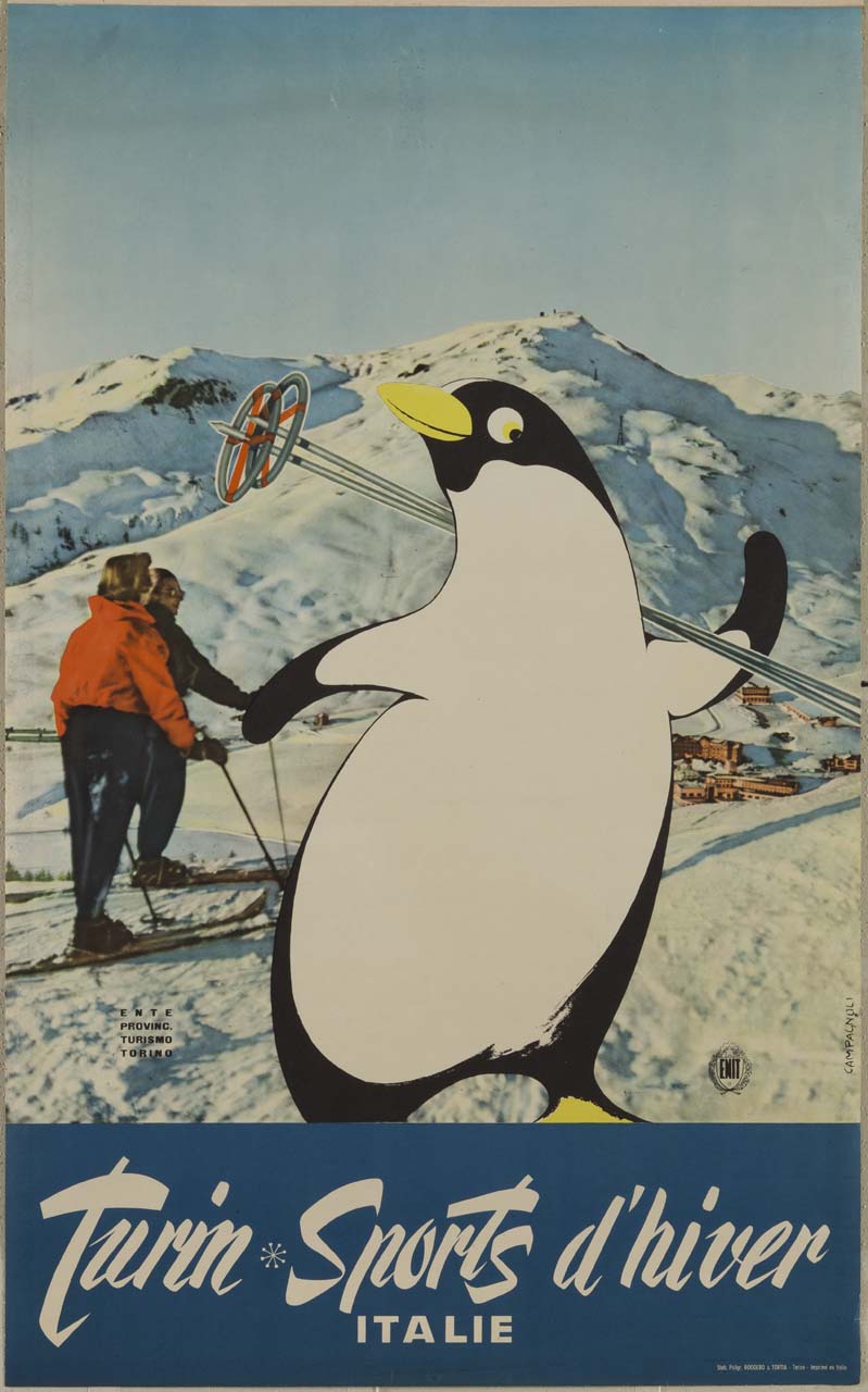 pinguino su piste da sci (manifesto) di Campagnoli Adalberto (sec. XX)