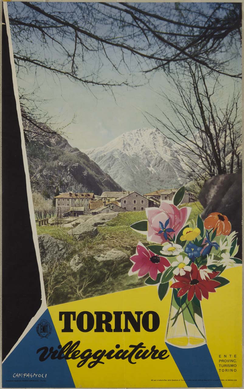 villaggio montano e vaso con fiori (manifesto) di Campagnoli Adalberto (sec. XX)