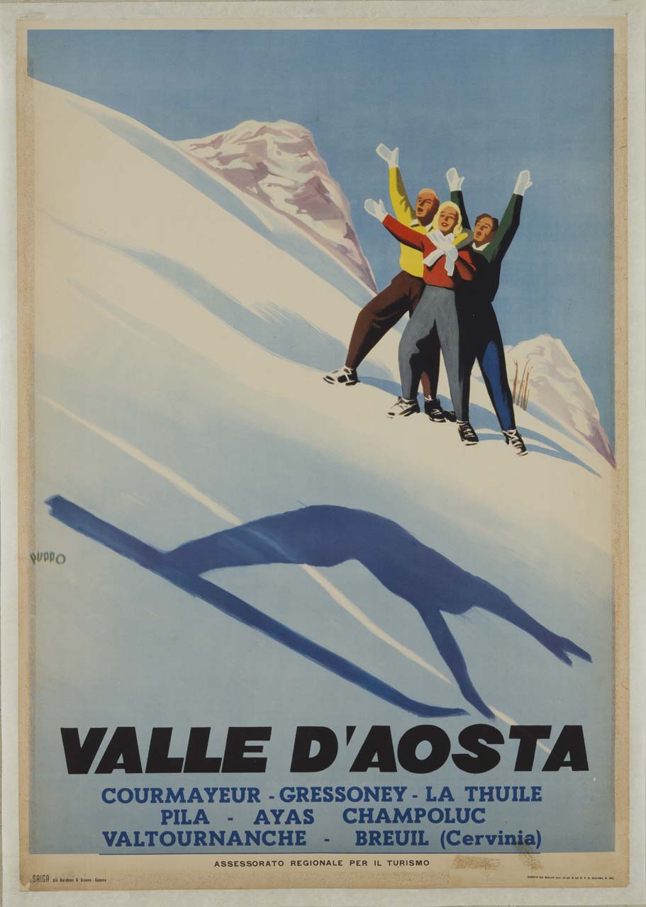 tre giovani su pista da sci osservano sciatore in salto di cui si vede solo l'ombra sulla neve (manifesto) di Puppo Mario (sec. XX)