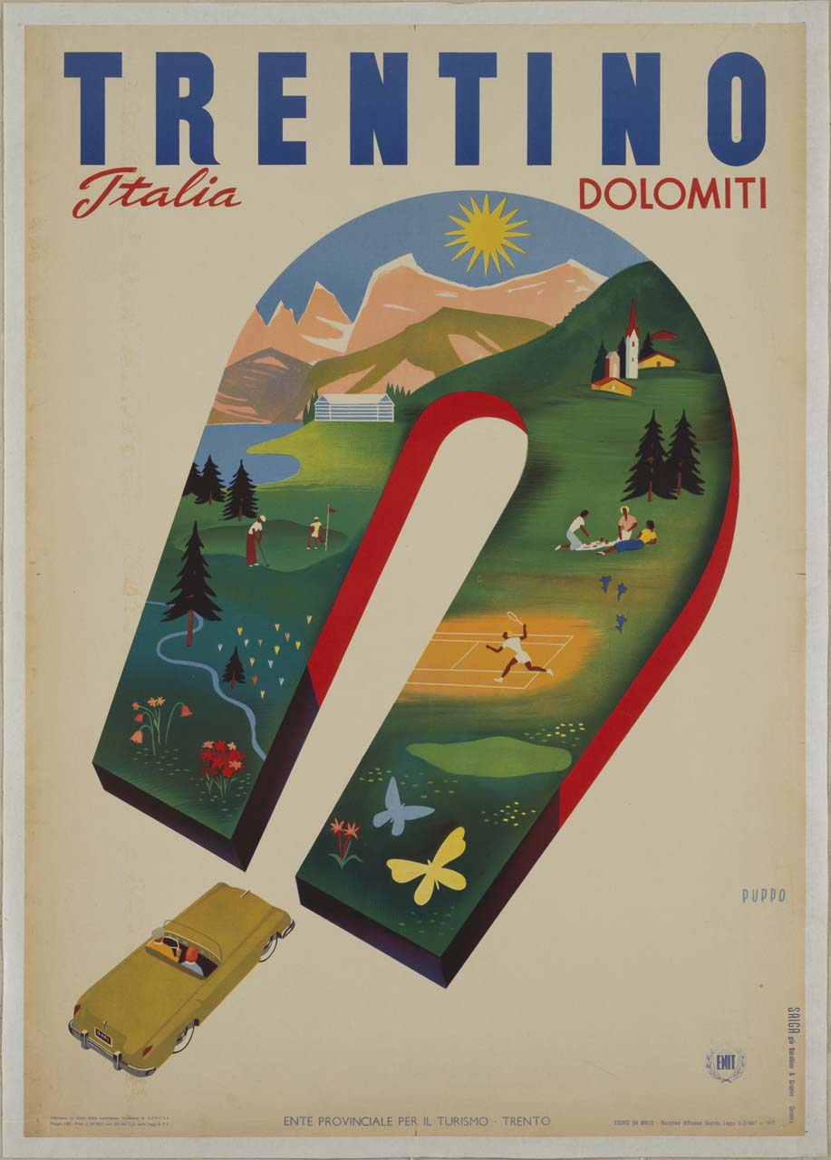 sagoma a forma di ferro di cavallo con paesaggio di valli e montagne e automobile sportiva (manifesto) di Puppo Mario (sec. XX)
