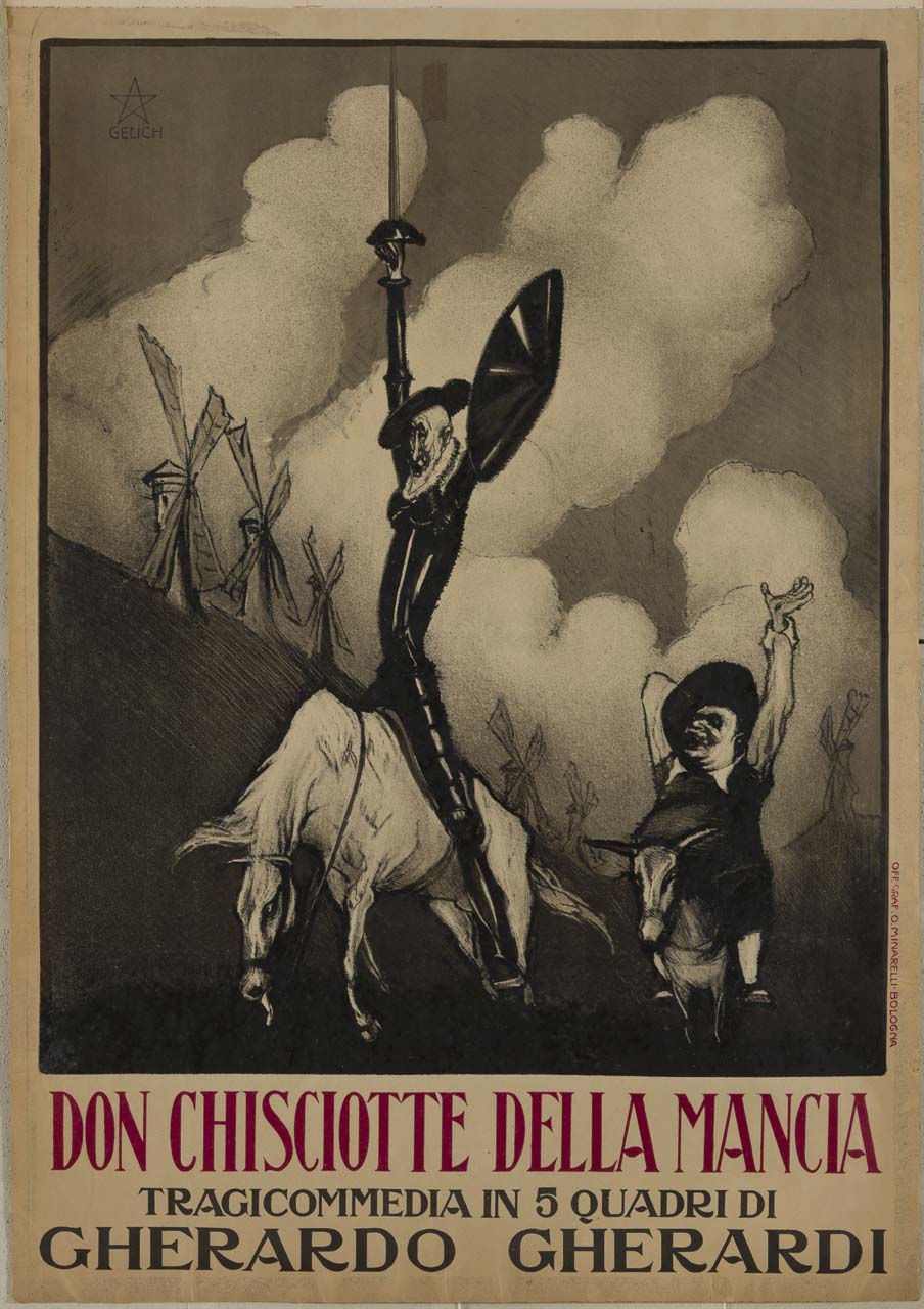 Don Chisciotte e Sancio Panza con mulini a vento sul fondo (manifesto) di Gelich - ambito italiano (sec. XX)