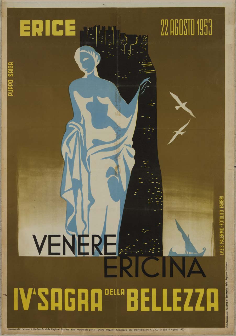 statua di Venere con alle spalle barca e monte Erice con il castello di Venere (manifesto) di Puppo Mario (sec. XX)