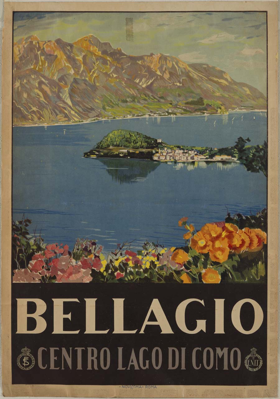 veduta del paese di Bellagio, uno dei vertici del Triangolo Lariano, situato sulla ramificazione del Lago di Como (manifesto) di Apolloni Livio (sec. XX)