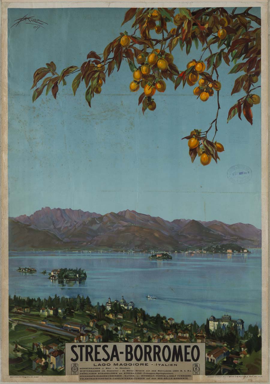 veduta del paese di Stresa e del Lago Maggiore con le Isole Borromee; in alto, sulla destra, un ramo di una rigogliosa pianta di limoni (manifesto) di Mazza Aldo (sec. XX)