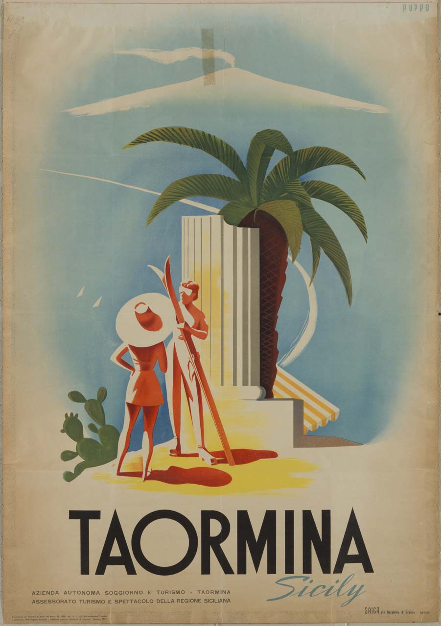 coppia di turisti con antica colonna, palma, mare sul quale si staglia l'Etna (manifesto) di Puppo Mario (sec. XX)