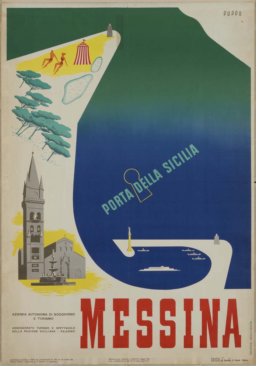 vista dello stretto di Messina con porto, basilica di santa Maria Assunta, spiaggia e bagnanti (manifesto) di Puppo Mario (sec. XX)