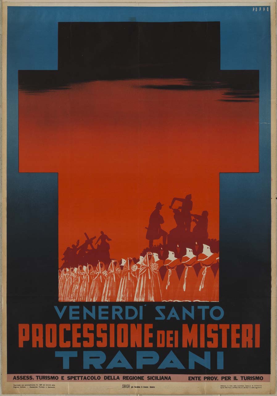 sagoma di una croce nel cui campo sono donne e uomini incappucciati in processione e gruppi scultorei (manifesto) di Puppo Mario (sec. XX)