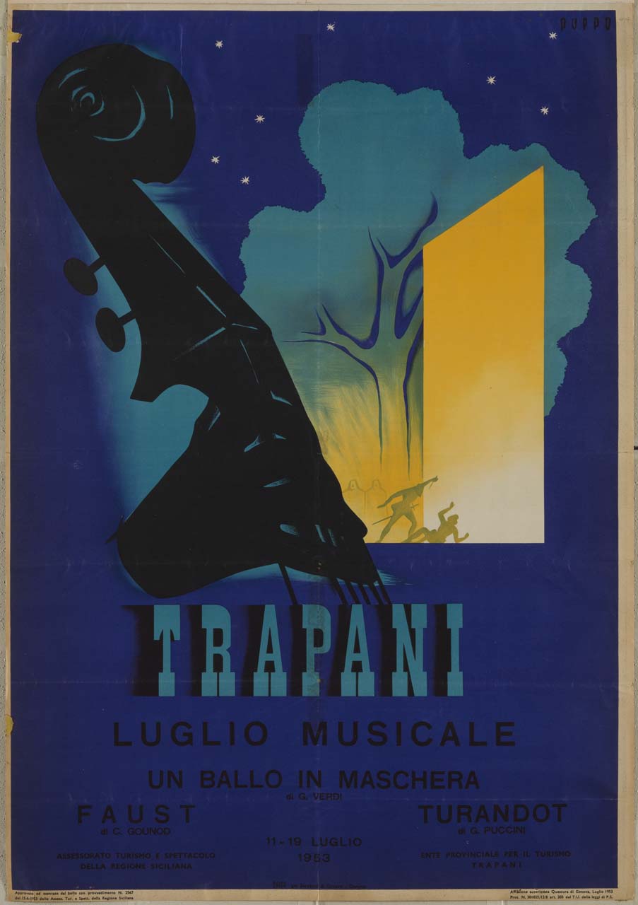 riccio di violino con scena teatrale, attori e cielo stellato (manifesto) di Puppo Mario (sec. XX)