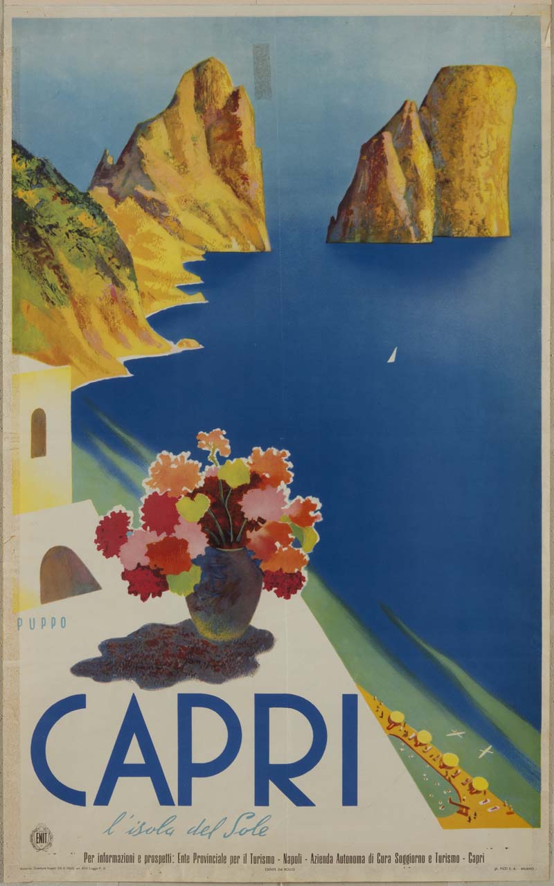 vaso di fiori su davanzale con vista sui Faraglioni di Capri (manifesto) di Puppo Mario (sec. XX)