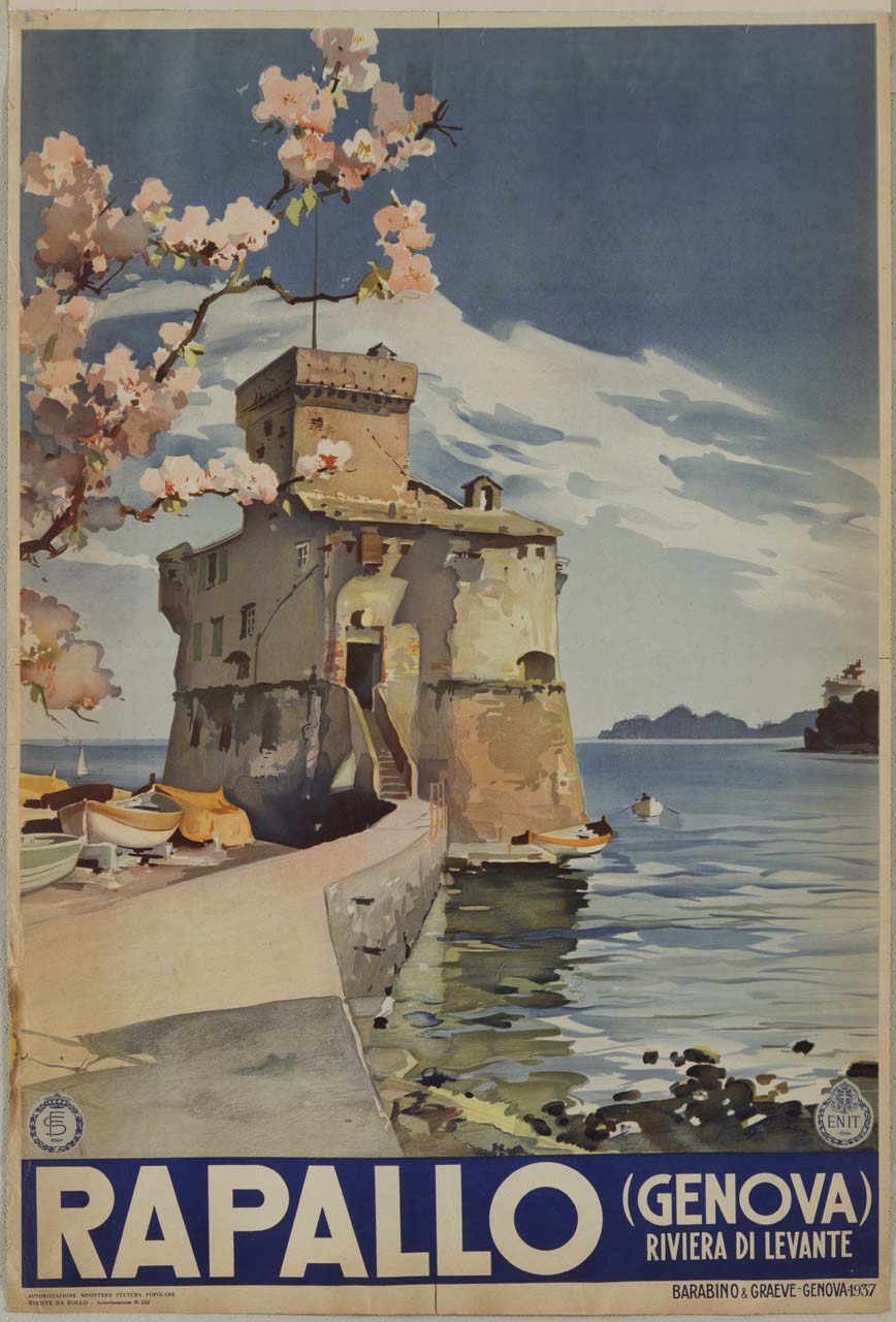 il castello di Rapallo posizionato sull'omonimo golfo; sulla sinistra alcune barche a rami e un ramo di fiori di pesco (manifesto) - ambito italiano (sec. XX)