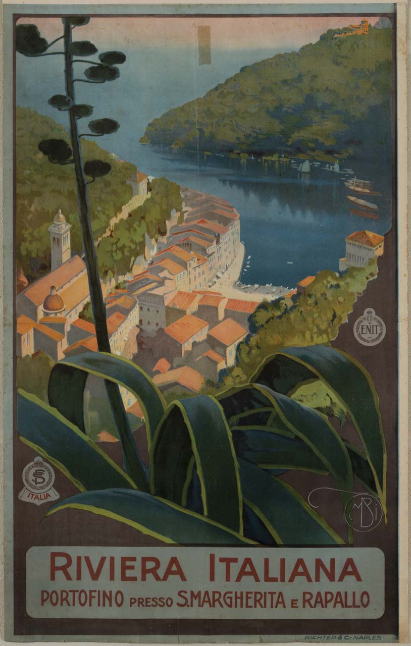 veduta del Golfo del Tigullio su cui si affaccia il paese di Portofino; sulla destra l'omonimo promontorio dominato dal Castello Brown; in primo piano una pianta d'agave (manifesto) di Borgoni Mario (sec. XX)